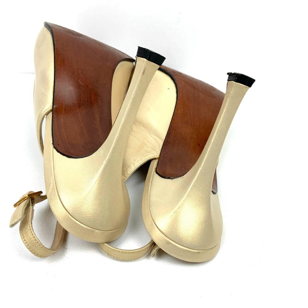 Stuart Weitzman Leather Metallic Gold Slingback Peep Toe Heels Sz 9 - Picture 12 of 16